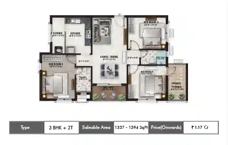 Nutech Central Park 3 BHK + 2T floor plan, 1337 sq ft carpet area